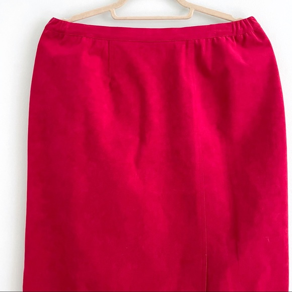 Vegan Leather Suede Skirt in Raspberry Pink Red Midi with Elastic At the Waist - Picture 2 of 5